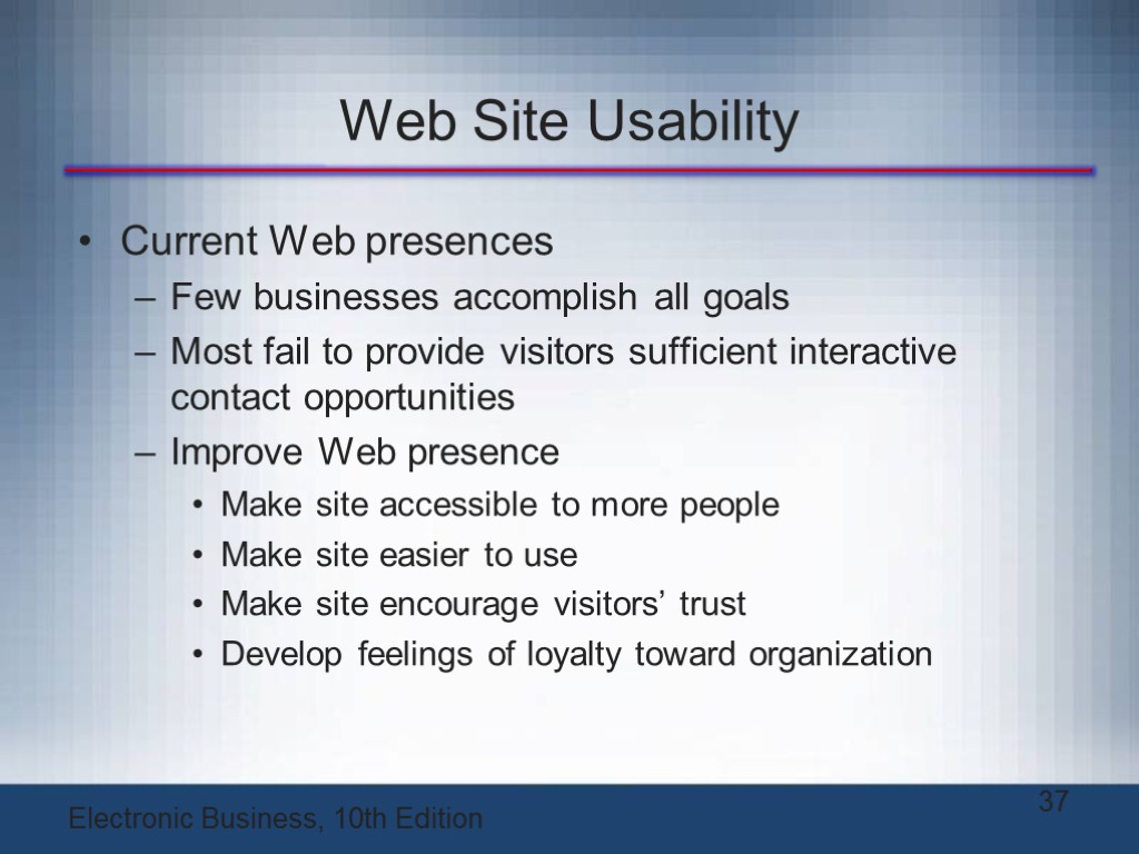 Web Site Usability Current Web presences Few businesses accomplish all goals Most fail to
